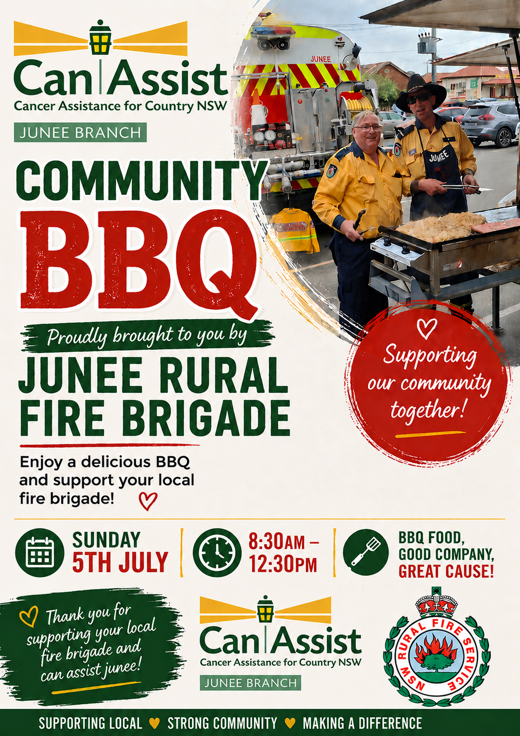 Junee Rural Fire Brigade Community BBQ poster for Sunday 5th July at Can Assist Junee Markets