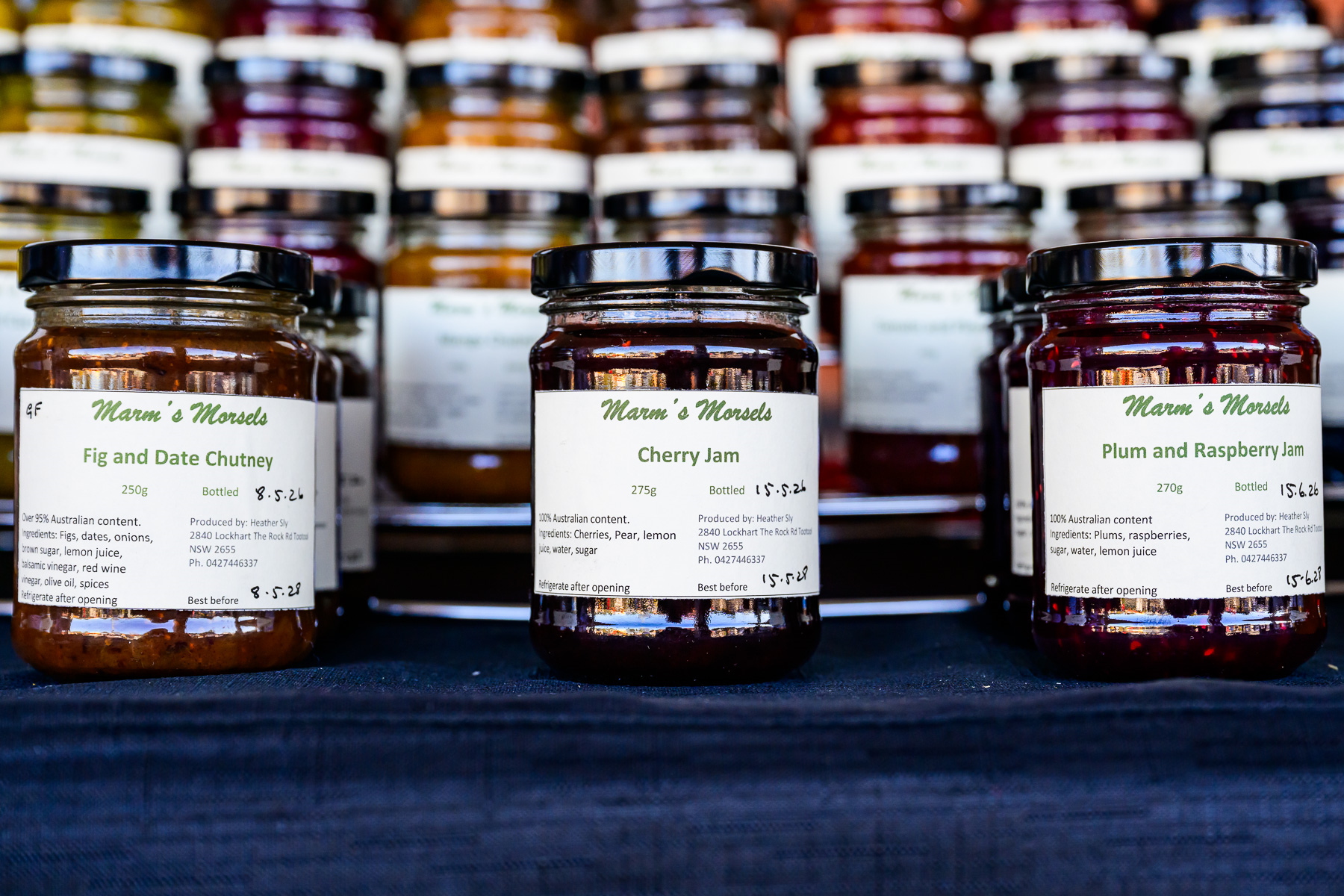 Jars of Marm's Morsels preserves and chutney on display at the Can Assist Junee Markets